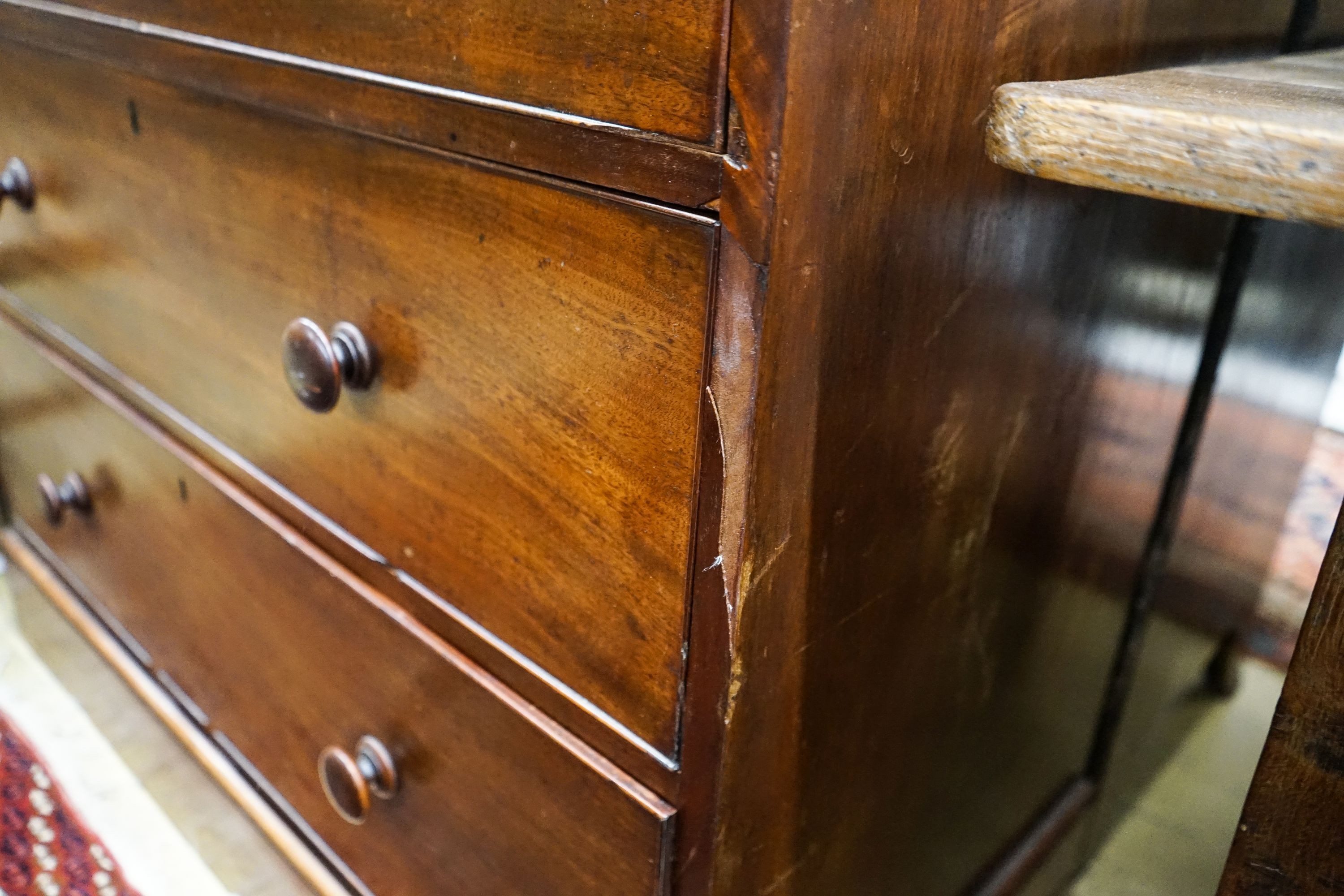 A Victorian mahogany three drawer chest, width 104cm, depth 53cm, height 98cm